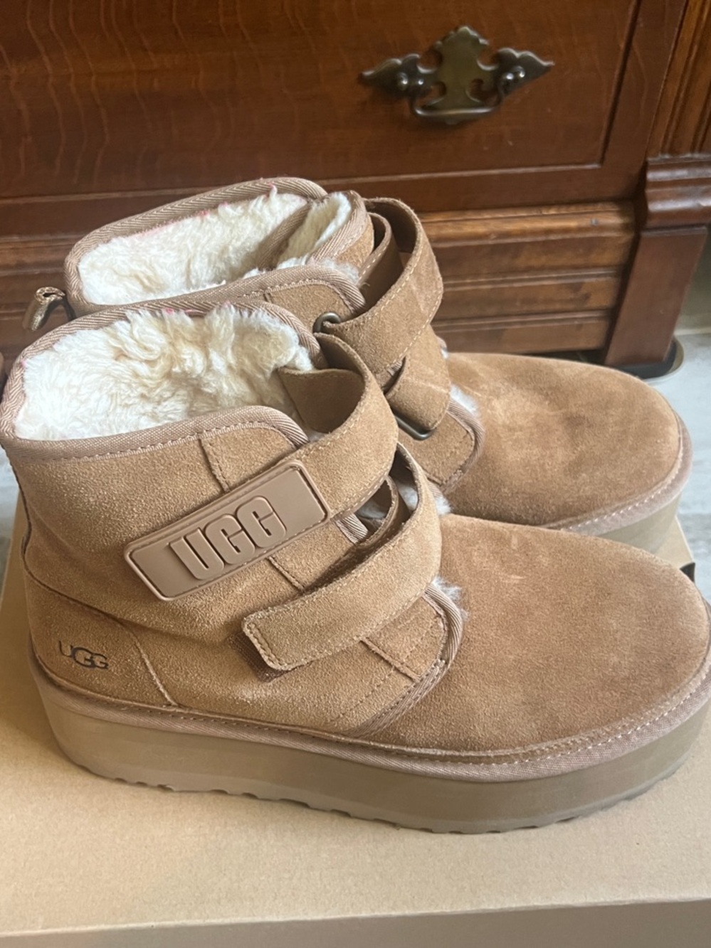 UGG Chestnut Suede Shearling Platform Ankle Booties